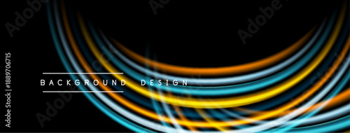 Abstract flowing lines create dynamic visual effect. Bright colors contrast against dark background. Modern design element.
