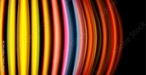 Colorful vertical lines form curved shape. Dark background emphasizes vibrant spectrum, creating abstract visual effect.