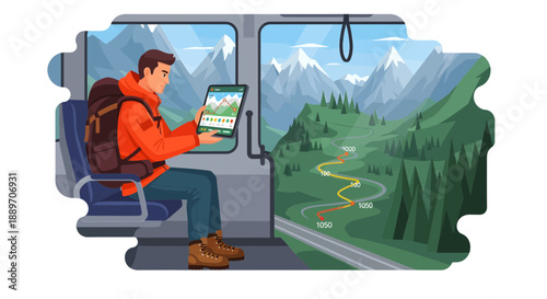 Man Riding Train and Planning Hiking Trip on Tablet