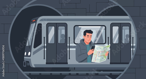 Man Riding Train Holding Map and Smartphone