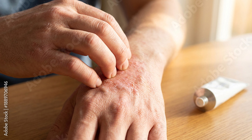 Close-up of a person scratching a severe, dry, and itchy skin condition (likely eczema or psoriasis) on their hand, with a cream tube nearby for relief