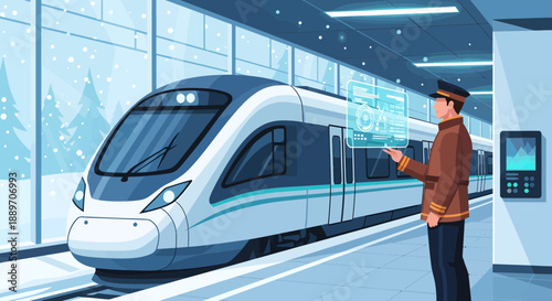 Modern train station with a train on the platform