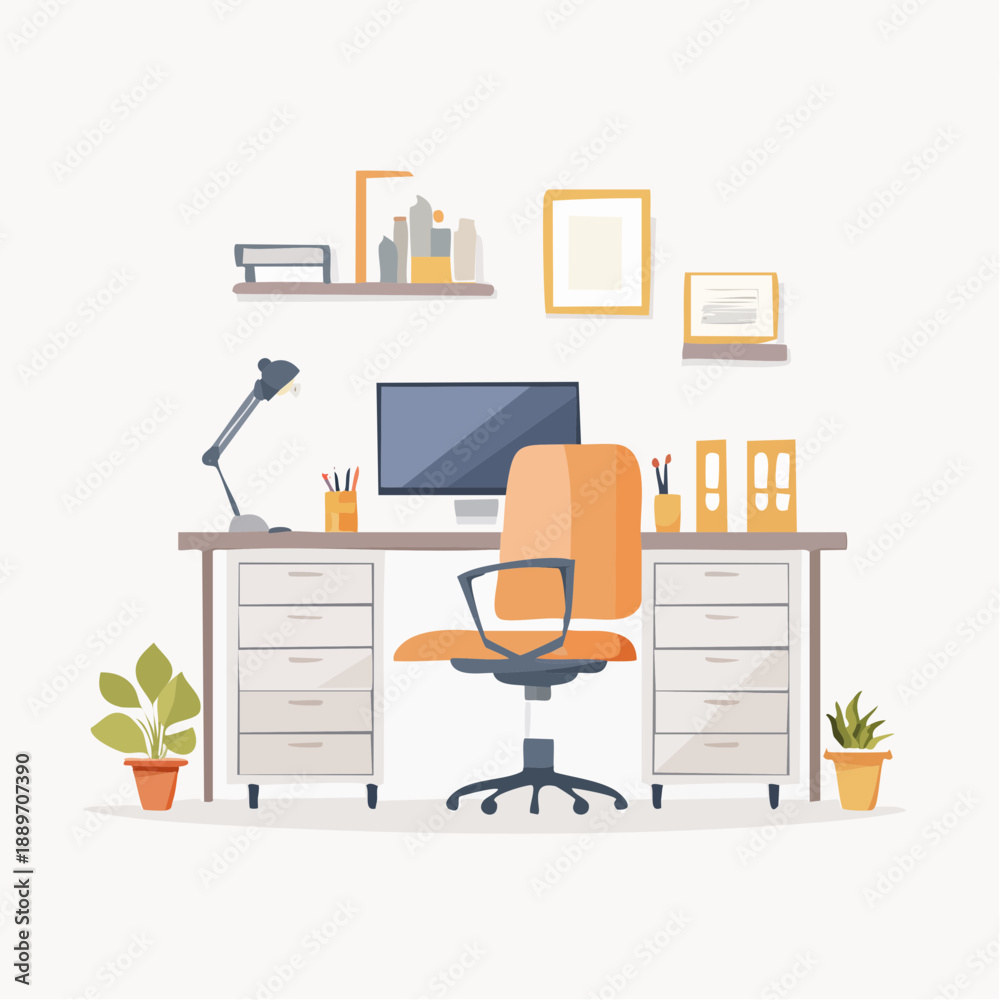 Fototapeta premium Minimal Modern Workspace Vector Illustration With Office Desk, Chair and Computer