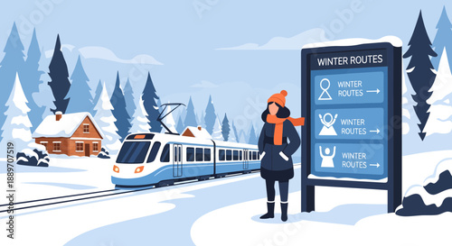 Woman Waiting for Winter Train at Snowy Station Stop