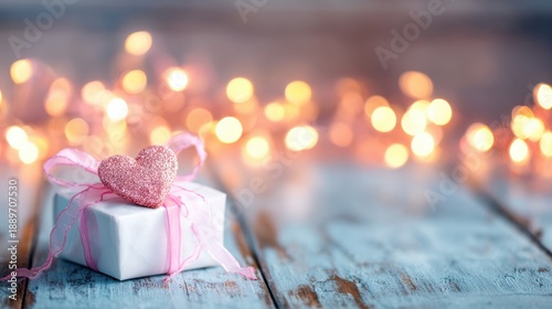 Gift wrapped in white with pink ribbon and heart on wooden table at night