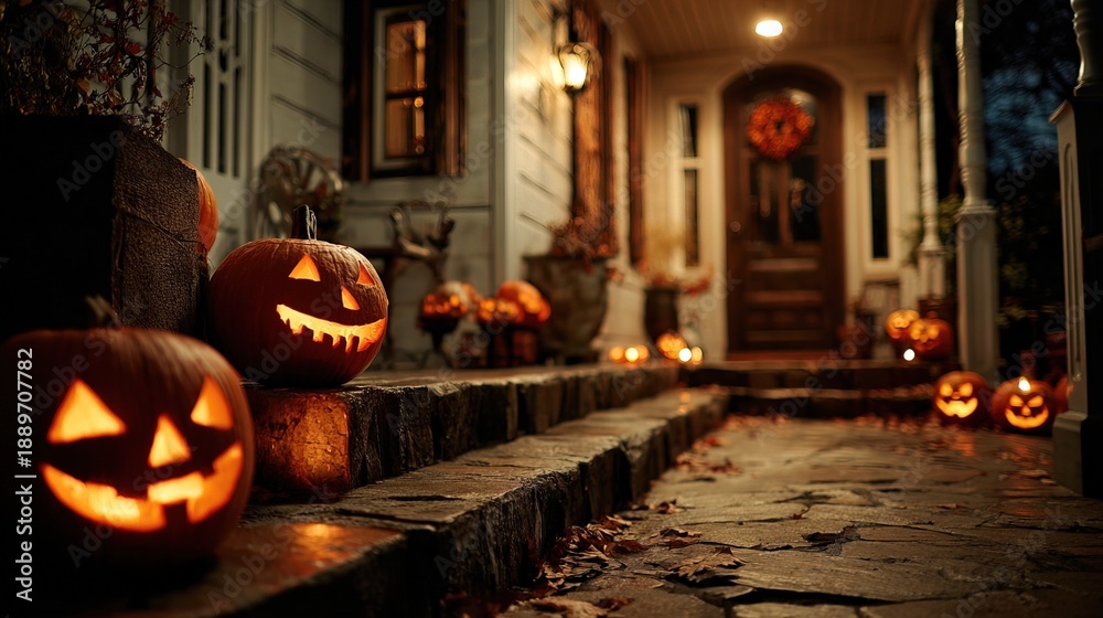 Obraz premium Atmospheric Glowing Jack O'Lanterns Front Porch Halloween Night Decoration