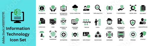 Information Technology Icon Set. IT Support editable icons containing tech support, troubleshooting, diagnostics, installation, maintenance, cloud computing, and more.
