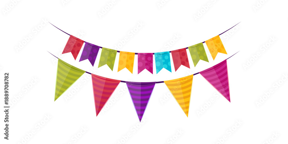 Fototapeta premium Festive flag garland with retro bunting in simple flat style for congratulations carnival birthday circus party border decoration design