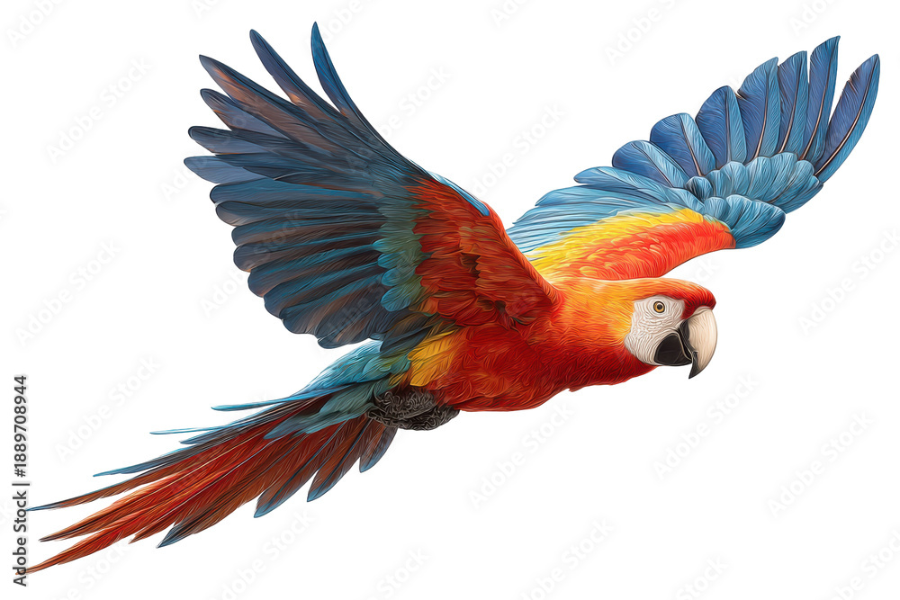 Obraz premium Colorful macaw parrot in flight isolated on transparent background. Scarlet macaw parrot in flight with wings spread wide isolated on white background.