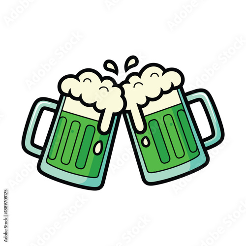Two green beer mugs clinking together with foamy beer