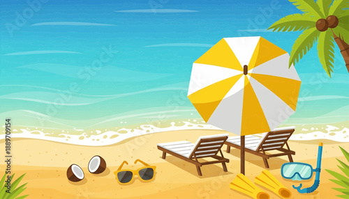 Relaxing beach scene with umbrella, chairs, and sunglasses on sandy shore with calm blue waters and palm tree