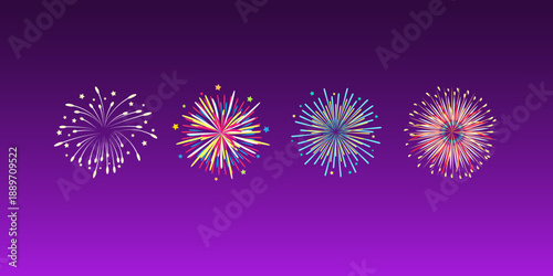 Collection of diverse colorful fireworks bursts isolated on transparent background suitable for festive compositions event promotions holiday designs and celebration graphics