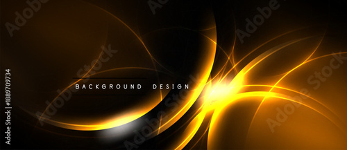 Dynamic abstract lines create glowing effect. Dark background emphasizes bright orange curves, forming modern design element.