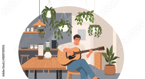 Man playing acoustic guitar in a cozy coffee shop
