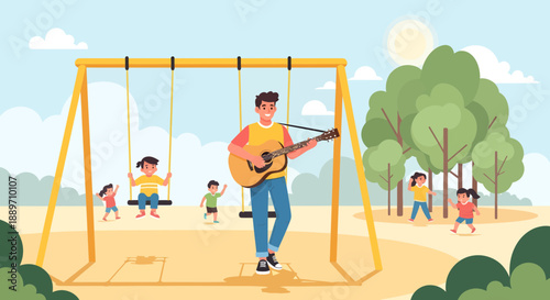 Man Playing Guitar Near Children on a Swing Set in the Park