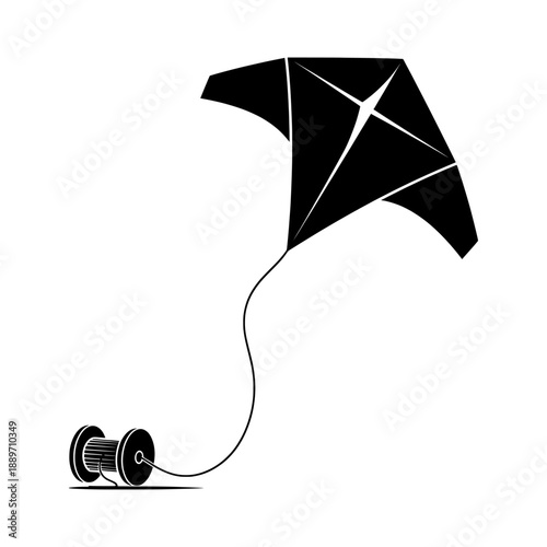 Black kite flying high in the air with a spool of string attached to it, vector illustration