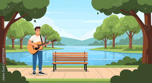 Young man playing guitar by the lake on a sunny day