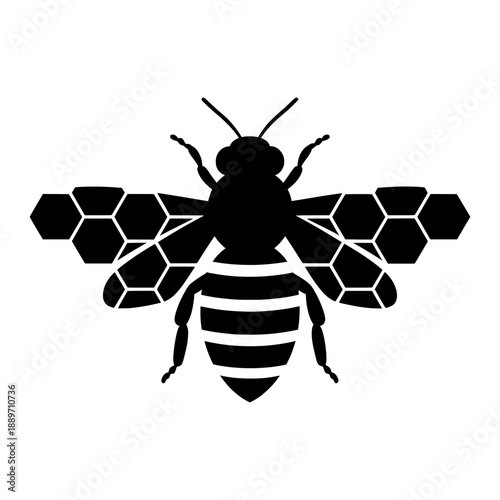 Vector illustration of a bee silhouette with honeycomb wings, a symbol of industry and nature, viewed from the front