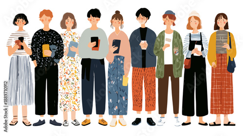 Grupa młodych ludzi w różnorodnych strojach trzymająca smartfony i kubki, ilustracja wektorowa