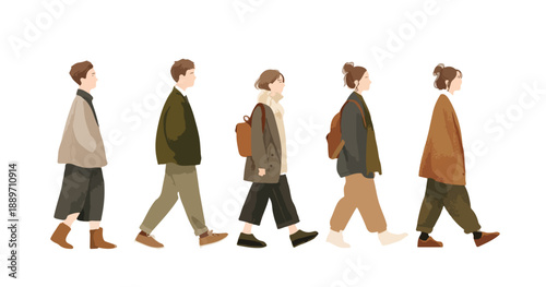 Grupa ludzi w różnym wieku idzie razem, ilustracja wektorowa w stylu płaskim, przezroczyste tło