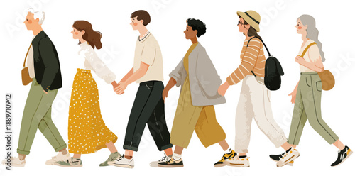 Grupa różnorodnych ludzi w różnym wieku idzie razem, trzymając się za ręce.