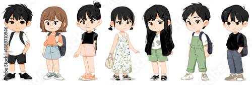 Grupa dzieci w stylu anime, chłopcy i dziewczynki z plecakami, gotowi na szkołę lub przygodę.