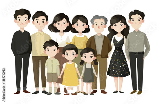 Ilustracja wielopokoleniowej rodziny stojącej razem, przedstawiająca więzi i jedność pokoleń.