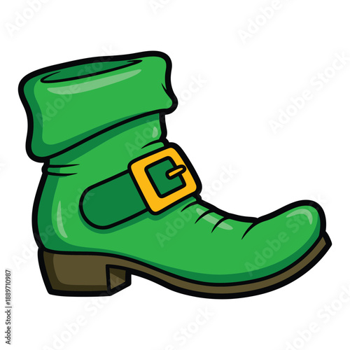 A cartoon illustration of a green boot with a gold buckle