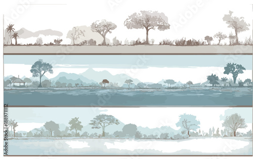 Ilustracja krajobrazu z drzewami i elementami natury w stylizowanej, monochromatycznej palecie barw.