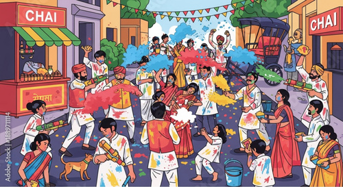 Indian Street Festival with People Dancing and Celebrating in Colorful Traditional Clothing