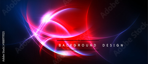 Abstract neon lights create vibrant energy. Red, blue, purple hues blend, forming dynamic curves, lines. Dark background emphasizes glowing effect.