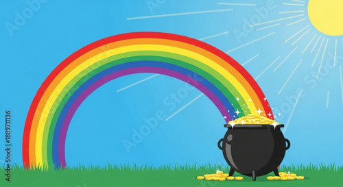 Rainbow Ending in Pot of Gold under Bright Sun in Cartoon Style
