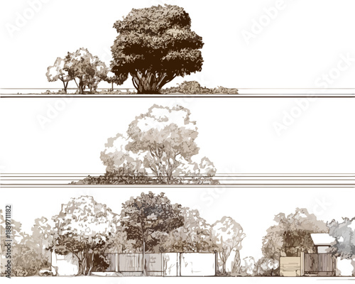 Rysunki architektoniczne drzew i krzewów z elementami krajobrazu, przezroczysty tło