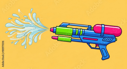 Colorful Water Gun Shooting Water on Yellow Background