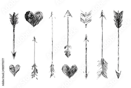 Zestaw ręcznie rysowanych strzałek i serc w stylu boho na przezroczystym tle