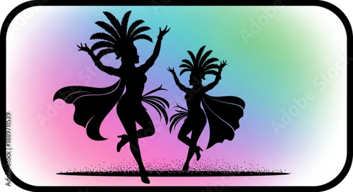 Hula Dancers Performing Hawaiian Dance Silhouette Against Rainbow Background