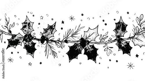 Rysunkowa girlanda z ostrokrzewu i gałązek iglaków, ozdobiona śnieżynkami i gwiazdkami, idealna na Boże Narodzenie.