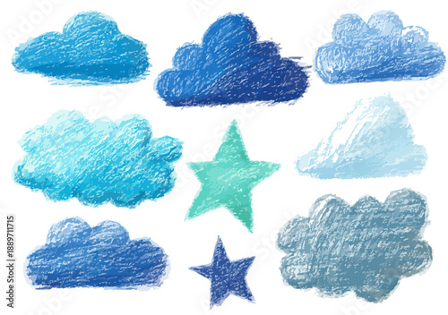Niebieskie chmury i gwiazdy narysowane kredkami, styl dziecięcy, przezroczyste tło