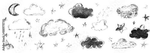 Rysunki chmur, księżyca i gwiazd, ręcznie rysowane, styl szkicu, przezroczyste tło