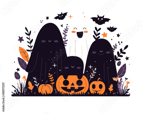 Urocza rodzina duchów na Halloween z dyniami i nietoperzami, przezroczyste tło