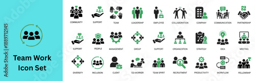 Team Work Icon Set. Business Team icon set. Business team working together symbol contain team, partnership, collaboration, work group, management, working together etc. Solid vector icon set. 