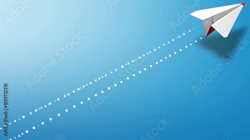 A white paper airplane flying through a blue sky with white dots trailing behind it