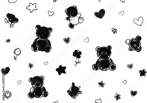Uroczy wzór z pluszowymi misiami, serduszkami i gwiazdkami na przezroczystym tle, idealny do dziecięcych projektów.
