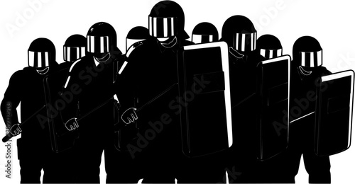 Group of riot police officers in formation with shields.