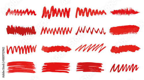 Zbiór czerwonych, akwarelowych pociągnięć pędzlem i linii na białym tle, idealny do projektów graficznych.