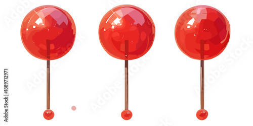 Trzy błyszczące czerwone lizaki na białym tle, proste i nowoczesne ujęcie