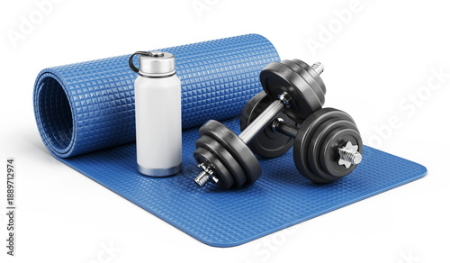 Tablou pe pânză Exercise mat with gym dumbbells weights and water bottle - Fitness, gym concept