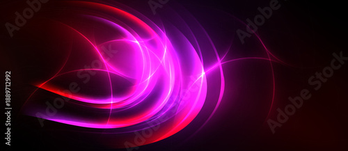 Abstract vibrant swirls, magenta, purple, red hues dominate dark background. Dynamic energy radiates from flowing lines.