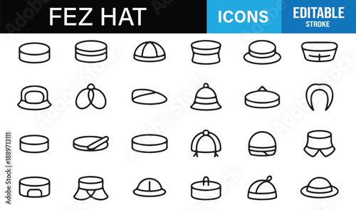 Fez hat outline icon set with traditional cultural headwear