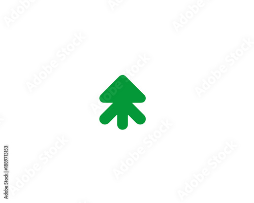 Zielona strzałka w górę z ikoną drzewa, symbol wzrostu i ekologii, na białym tle.
